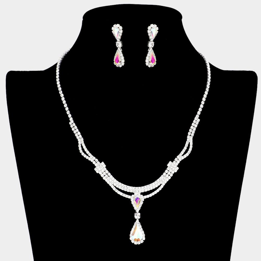 Silver Double Teardrop Accented Rhinestone Necklace