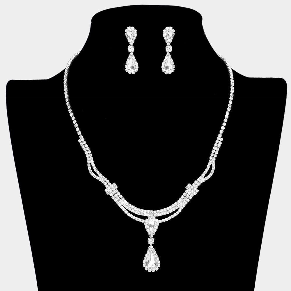 Silver Double Teardrop Accented Rhinestone Necklace