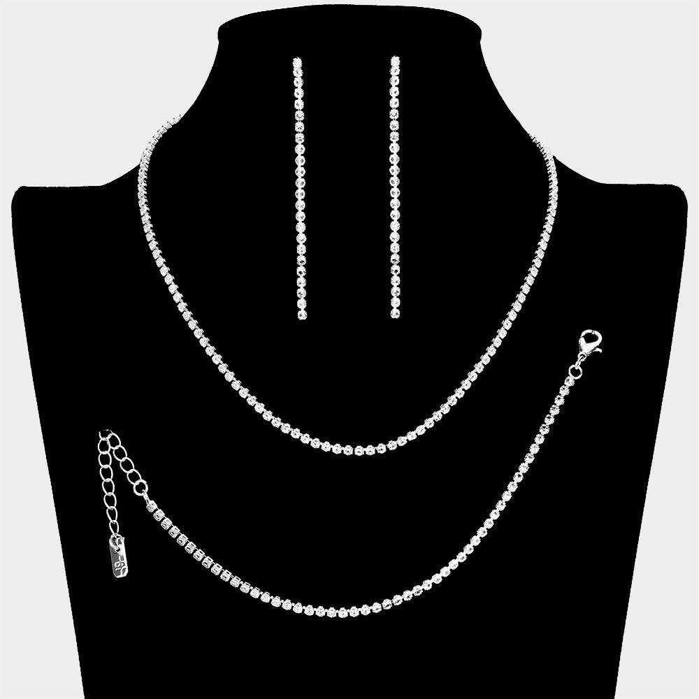 Silver Chain Necklace Jewelry Set Rhinestone Paved