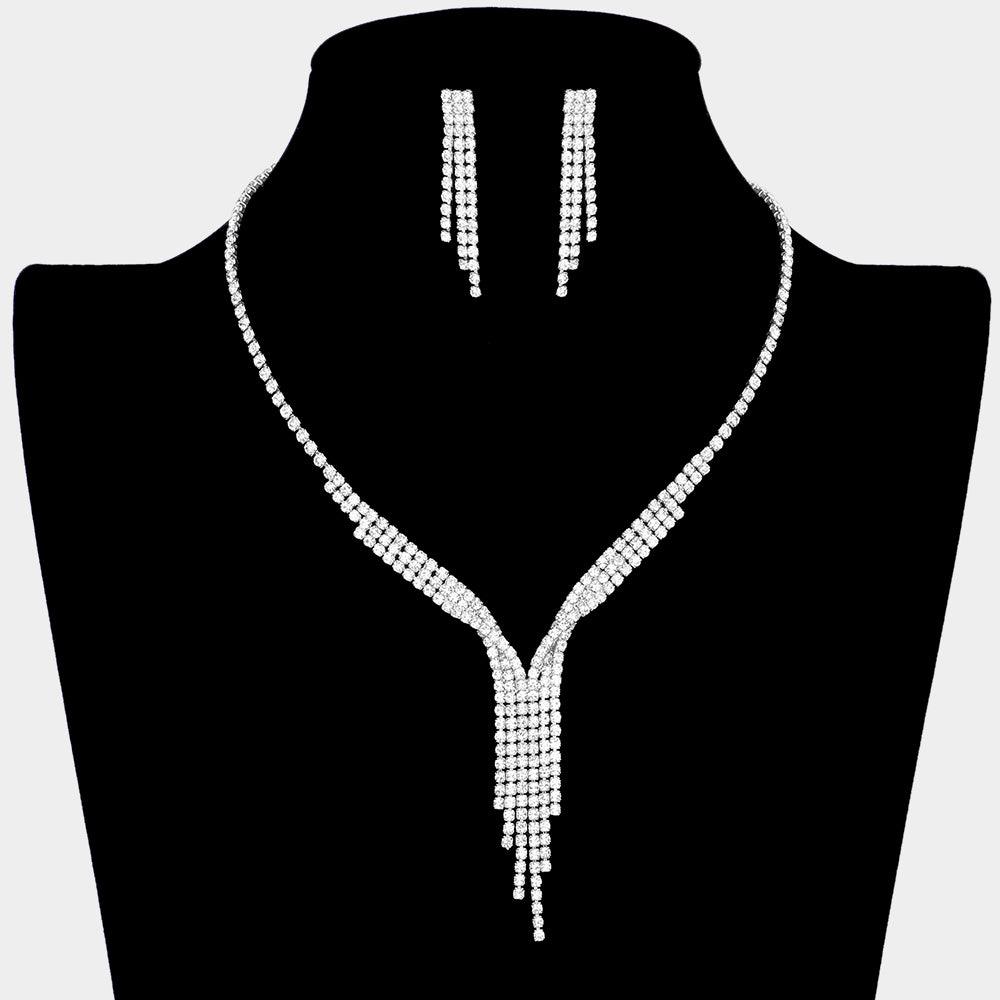 Silver Rhinestone Fringe Pave Necklace