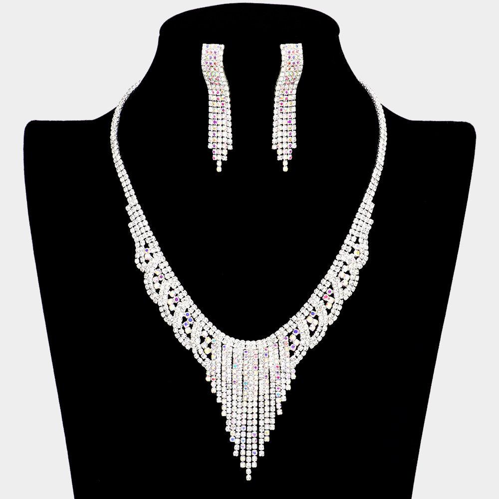 Silver Fringe Necklace Rhinestone Paved