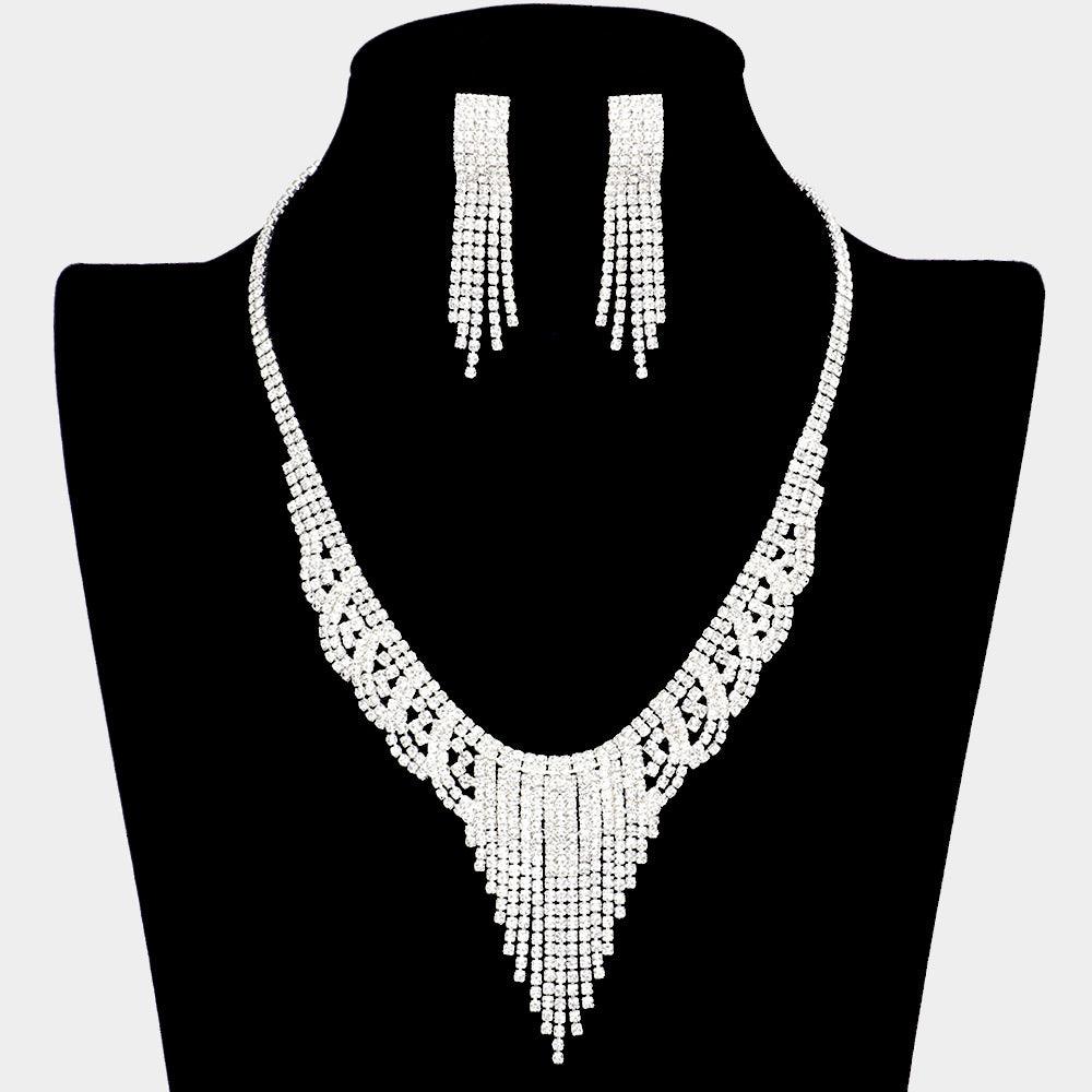 Silver Fringe Necklace Rhinestone Paved