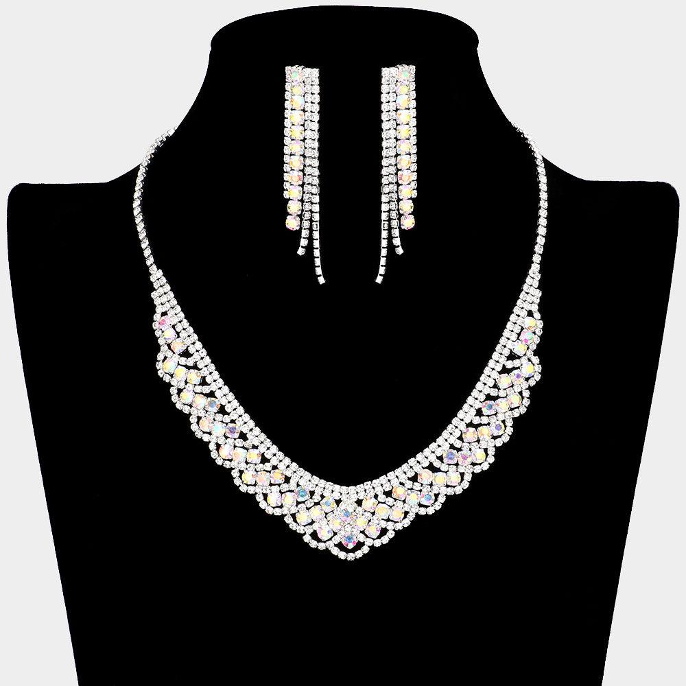 Silver Round Stone Cluster Accented Rhinestone Necklace