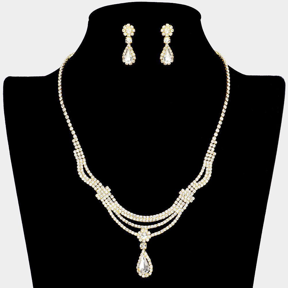 Gold Teardrop Stone Cluster Pendant Rhinestone Necklace - Jewelry Store by Erik Rayo