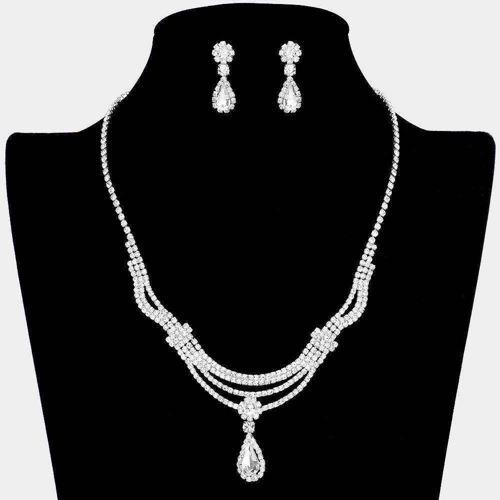 Silver Teardrop Stone Cluster Pendant Rhinestone Necklace