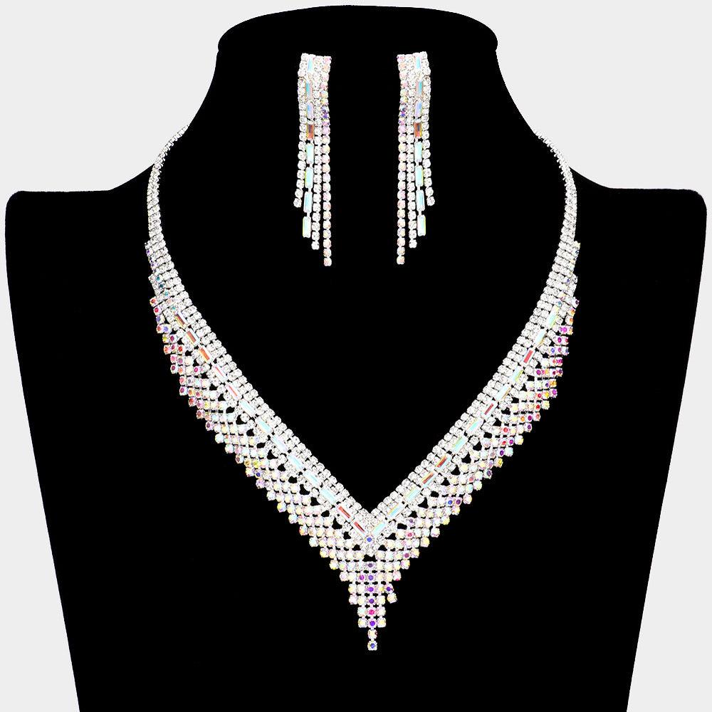 Silver V Shaped Necklace Rhinestone Paved