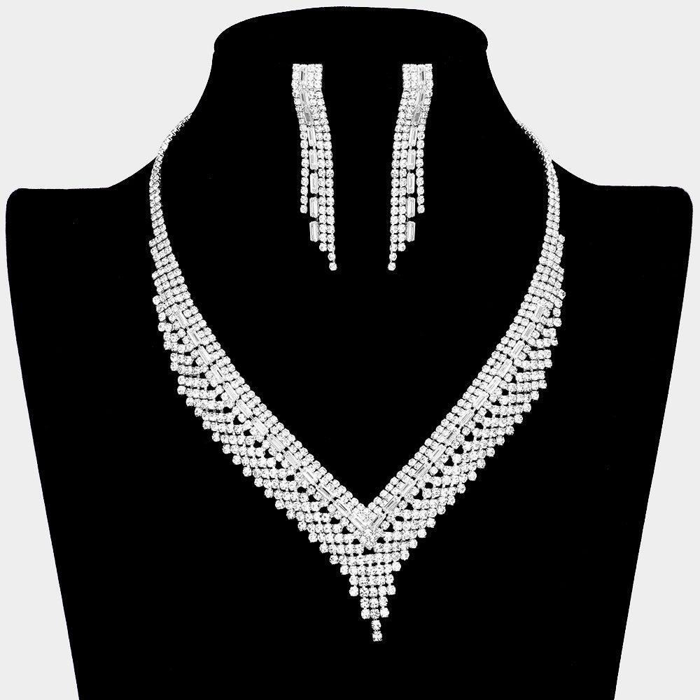 Silver V Shaped Necklace Rhinestone Paved