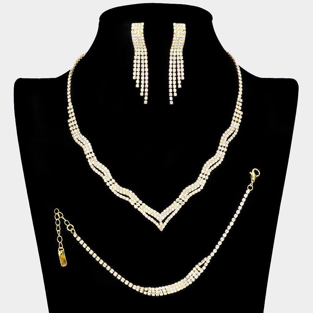 Gold Wavy Rhinestone Necklace Jewelry Set