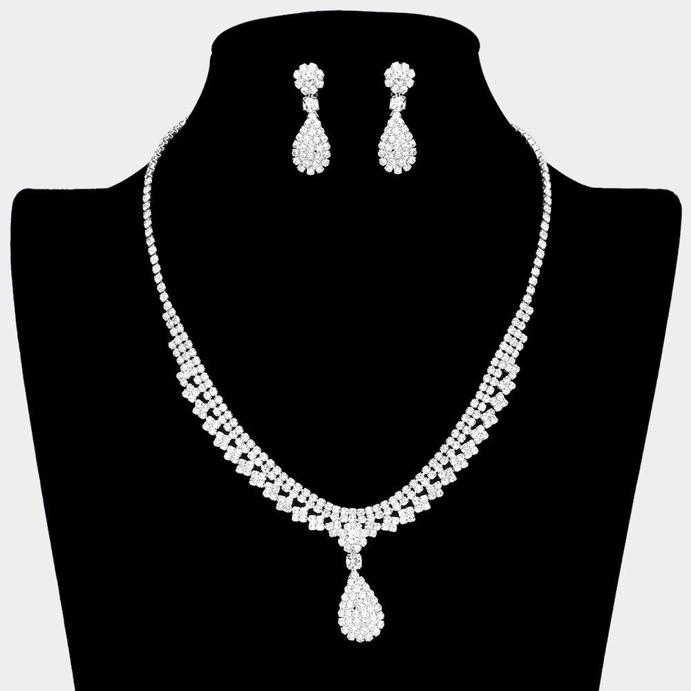 Silver Teardrop Accented Necklace Rhinestone Paved