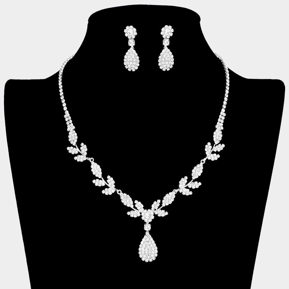 Silver Rhinestone Teardrop Leaf Accented Necklace