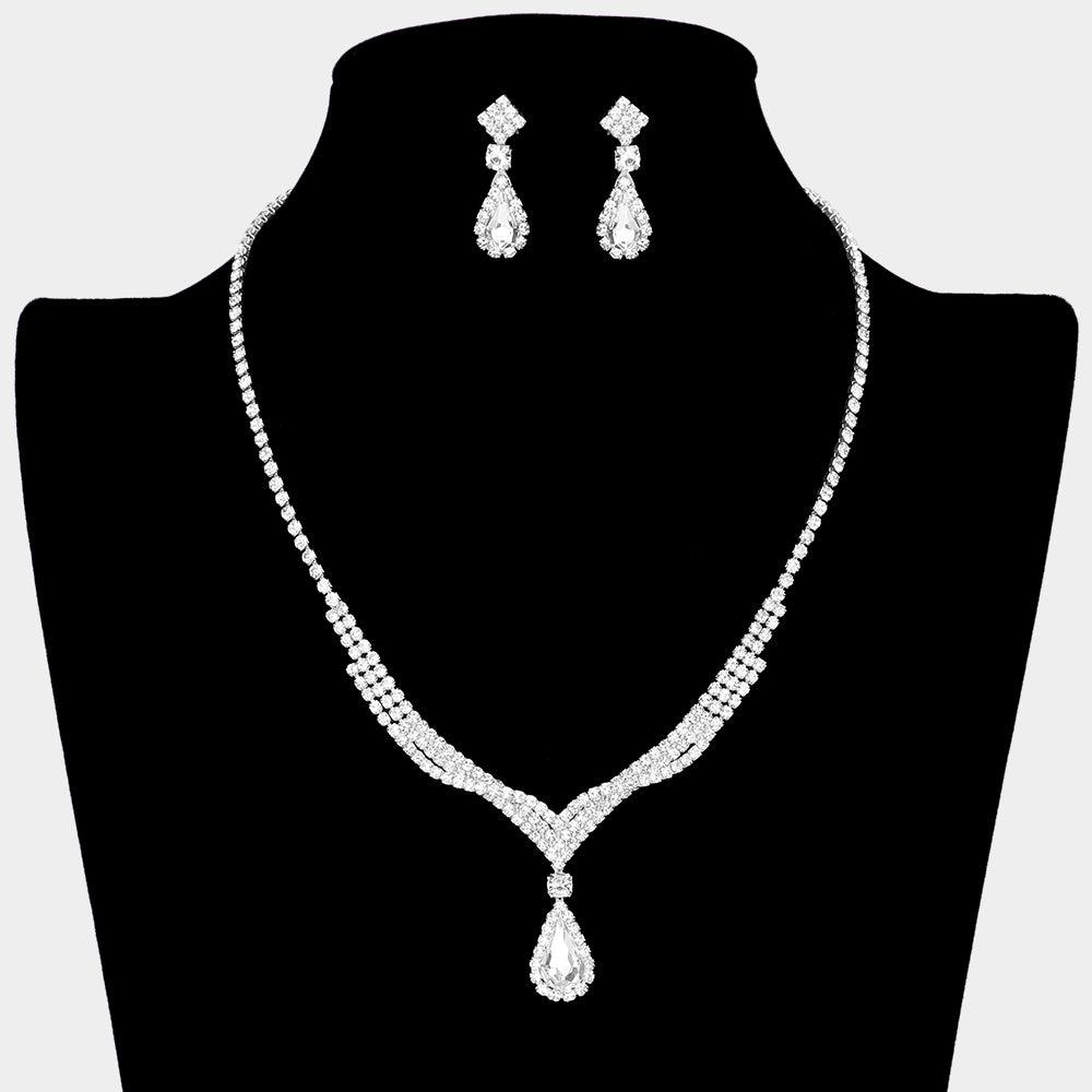 Silver Teardrop Stone Necklace Rhinestone Paved