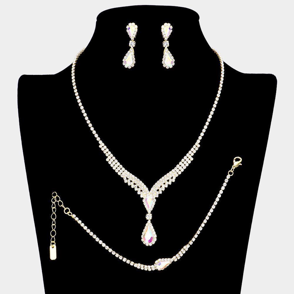 Gold Teardrop Stone Cluster Pendant Necklace Jewelry Set Rhinestone Paved - Jewelry Store by Erik Rayo