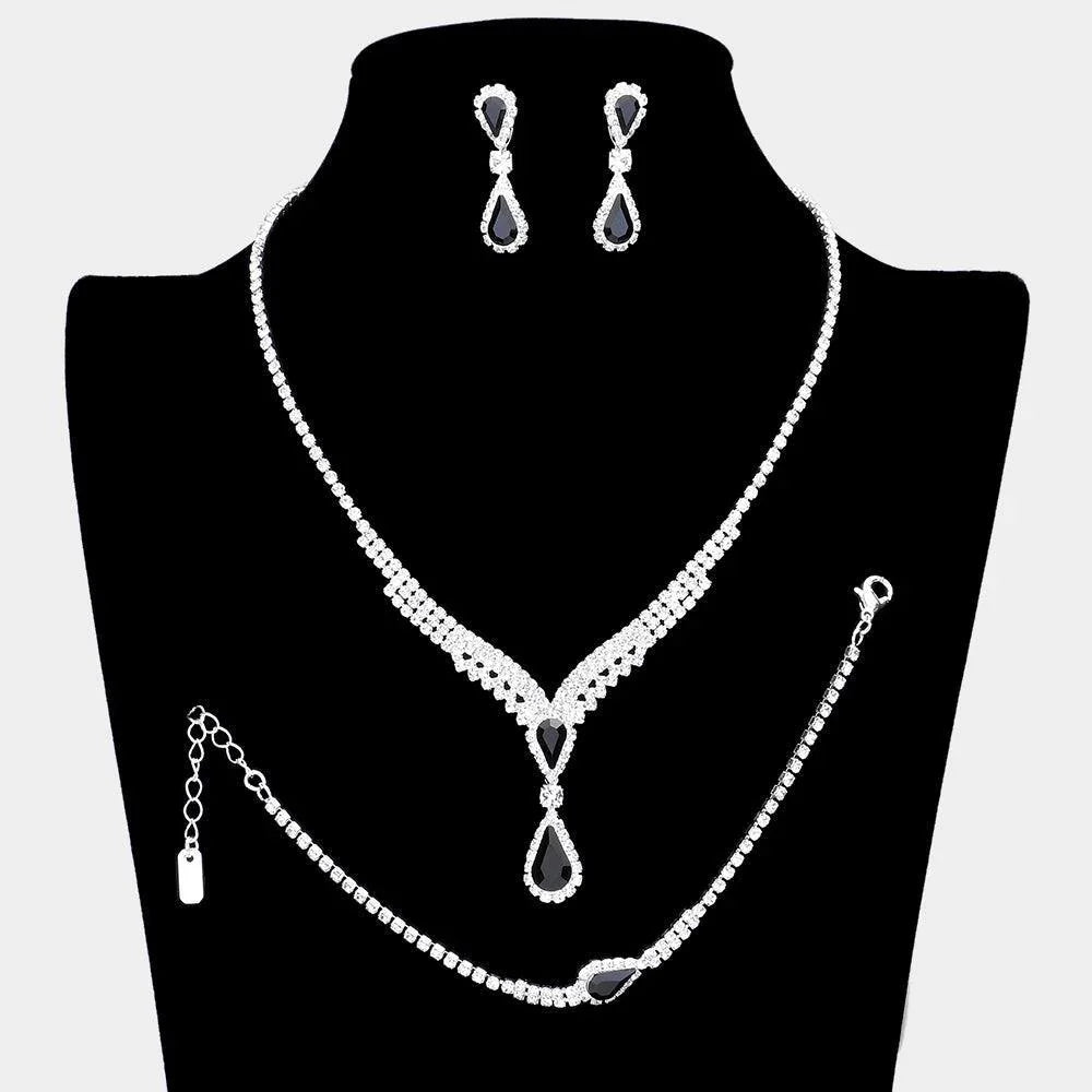 Silver Teardrop Stone Cluster Pendant Necklace Jewelry Set Rhinestone Paved - Jewelry Store by Erik Rayo
