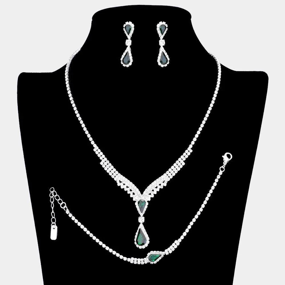 Silver Teardrop Stone Cluster Pendant Necklace Jewelry Set Rhinestone Paved - Jewelry Store by Erik Rayo
