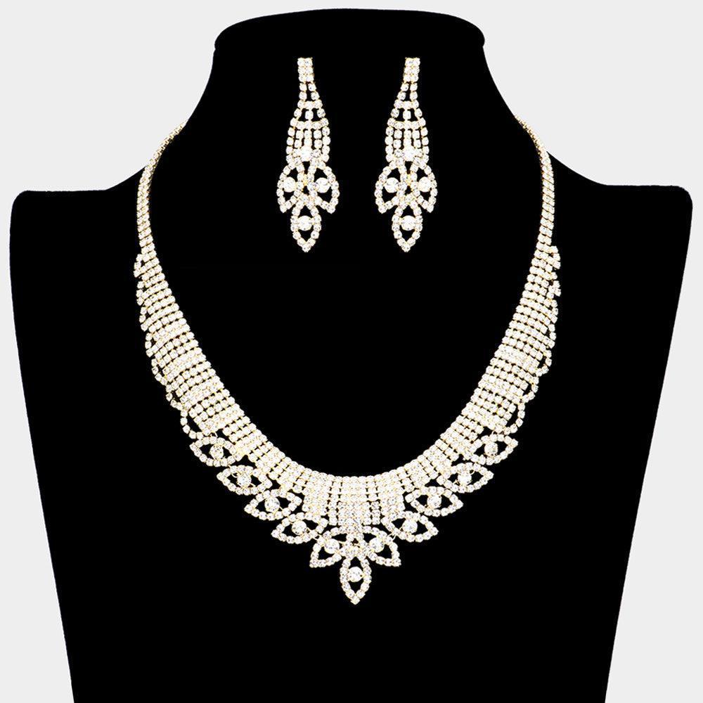 Gold Round Stone Marquise Accented Collar Necklace Rhinestone Paved - Jewelry Store by Erik Rayo