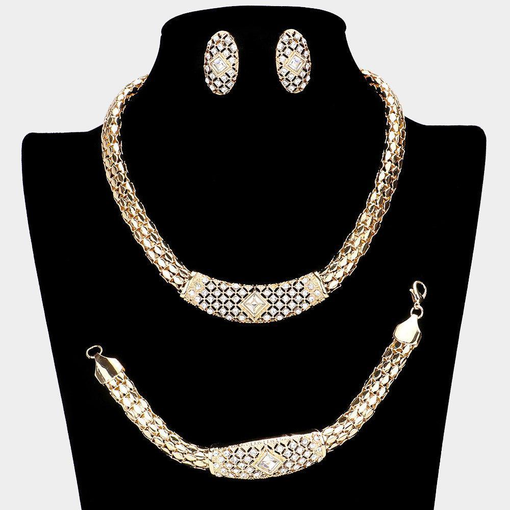 Gold 3 Piece Metal Chain Necklace Jewelry Set Rhinestone Paved - Jewelry Store by Erik Rayo