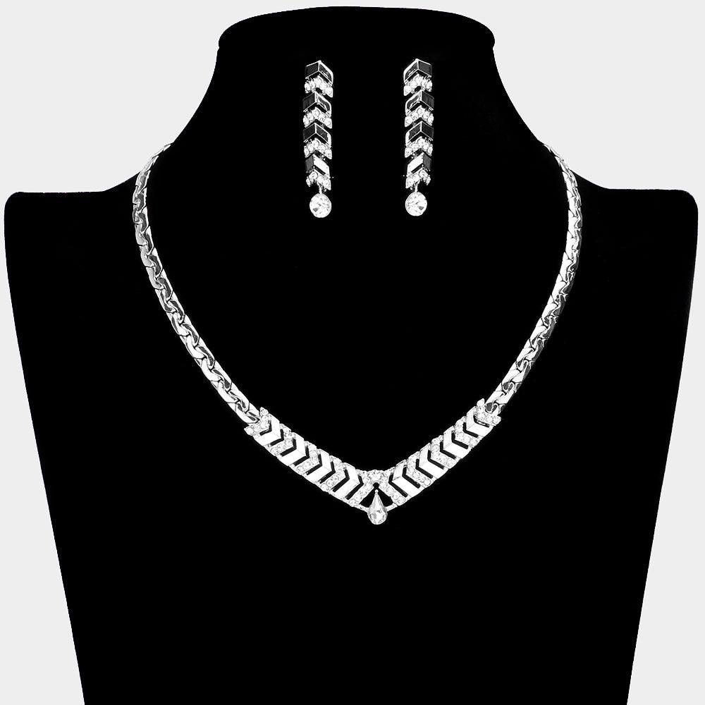 Silver V Shaped Necklace Rhinestone Paved