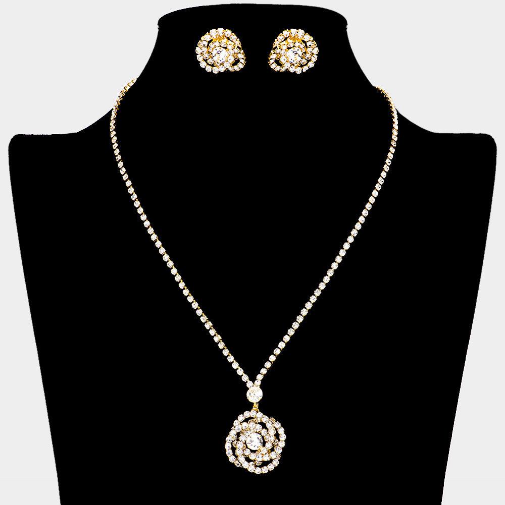Gold Rose Pendant Necklace Rhinestone Paved