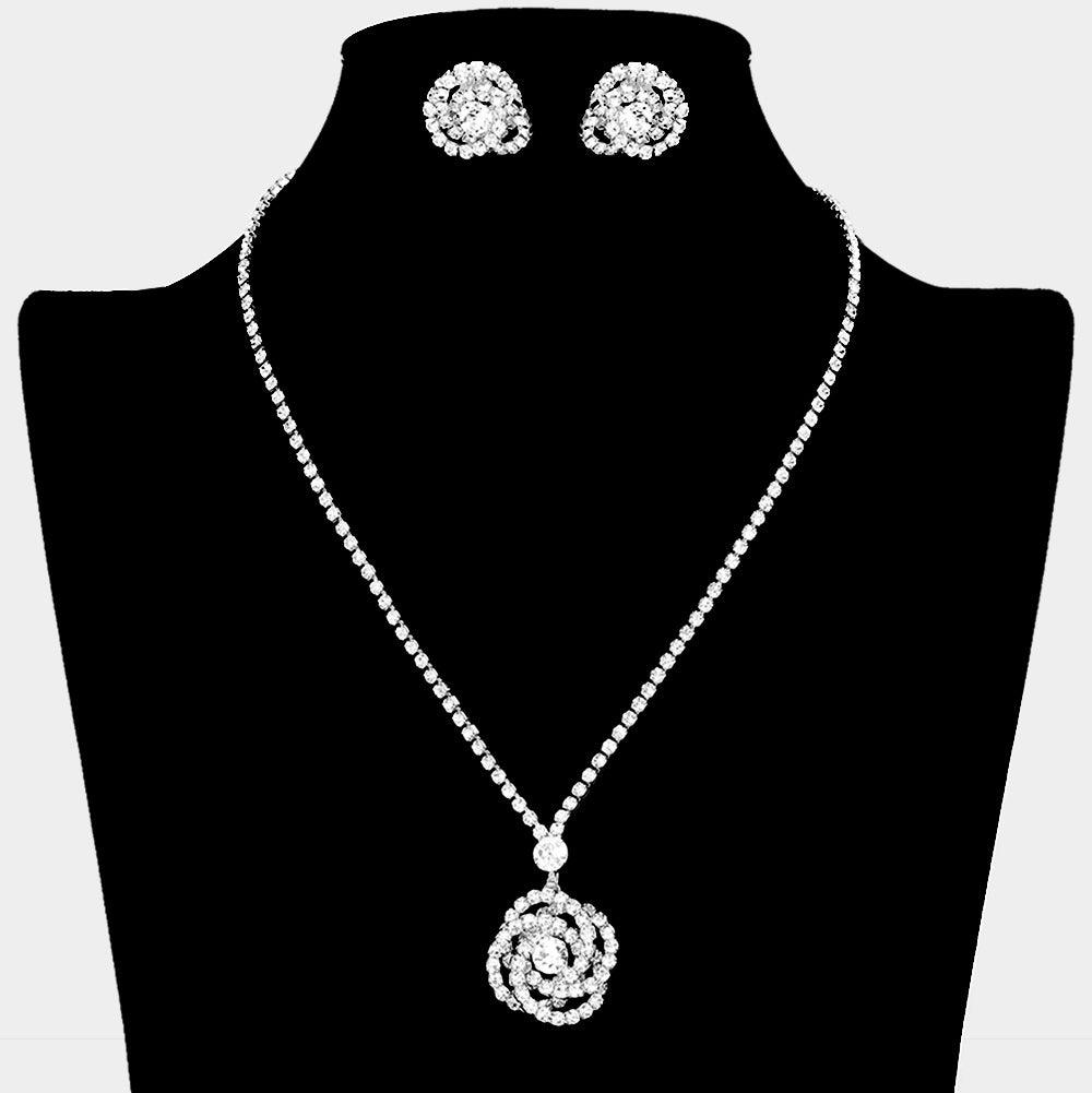 Silver Rose Pendant Necklace Rhinestone Paved