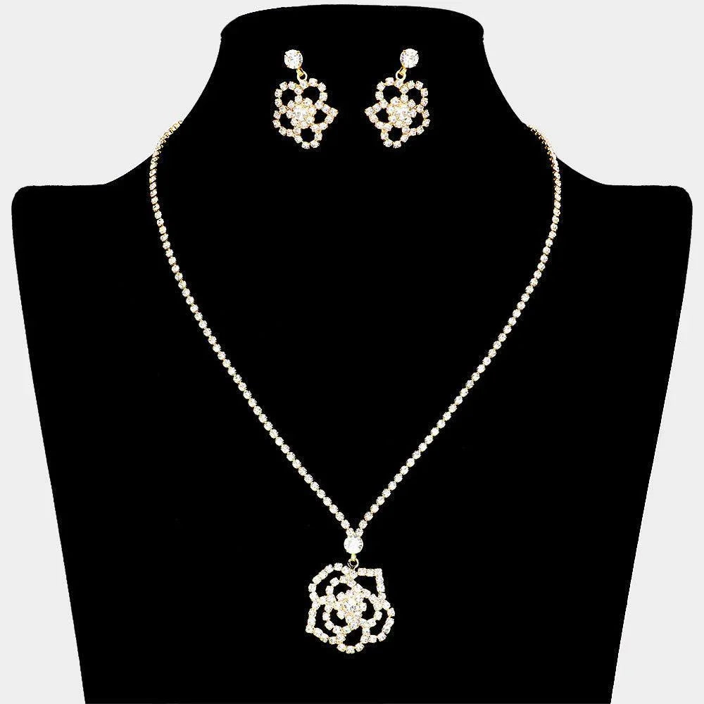 Gold Rose Pendant Necklace Rhinestone Paved - Jewelry Store by Erik Rayo