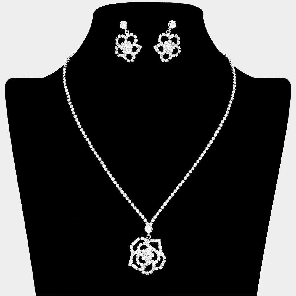 Silver Rose Pendant Necklace Rhinestone Paved