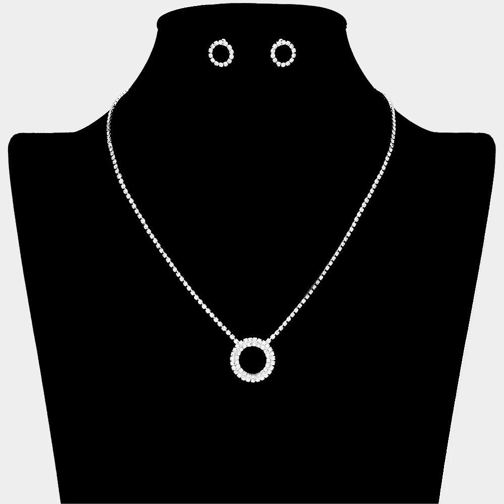 Silver O Pendant Necklace Rhinestone Paved