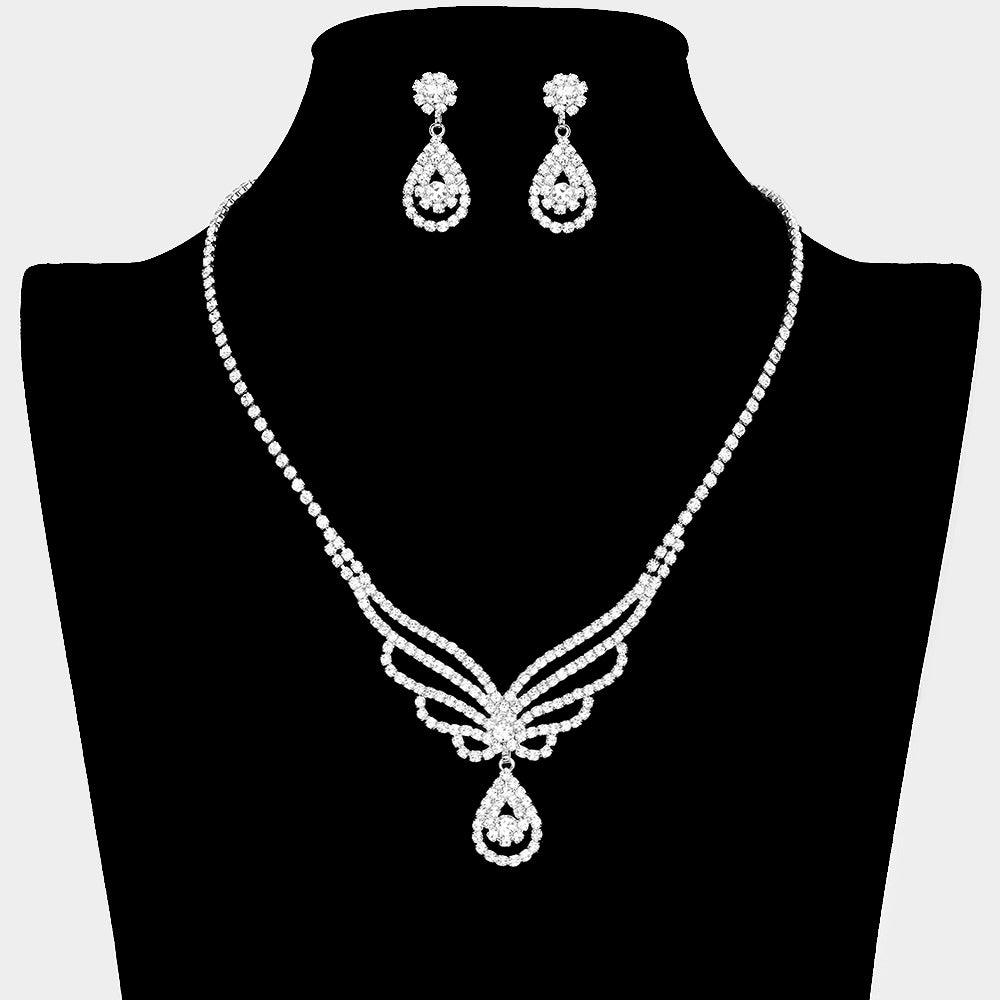 Silver Teardrop Pendant Necklace Rhinestone Paved