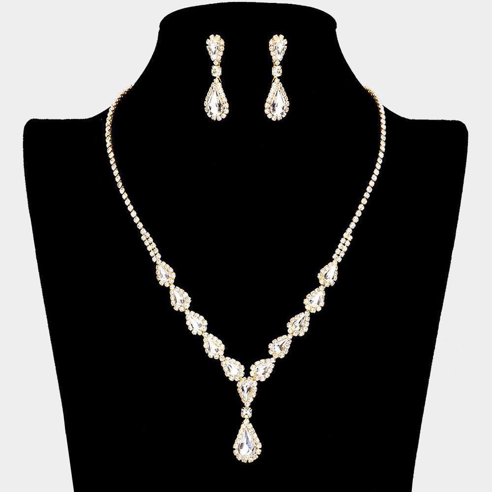Gold Teardrop Stone Pointed Y Shaped Necklace Rhinestone Paved - Jewelry Store by Erik Rayo