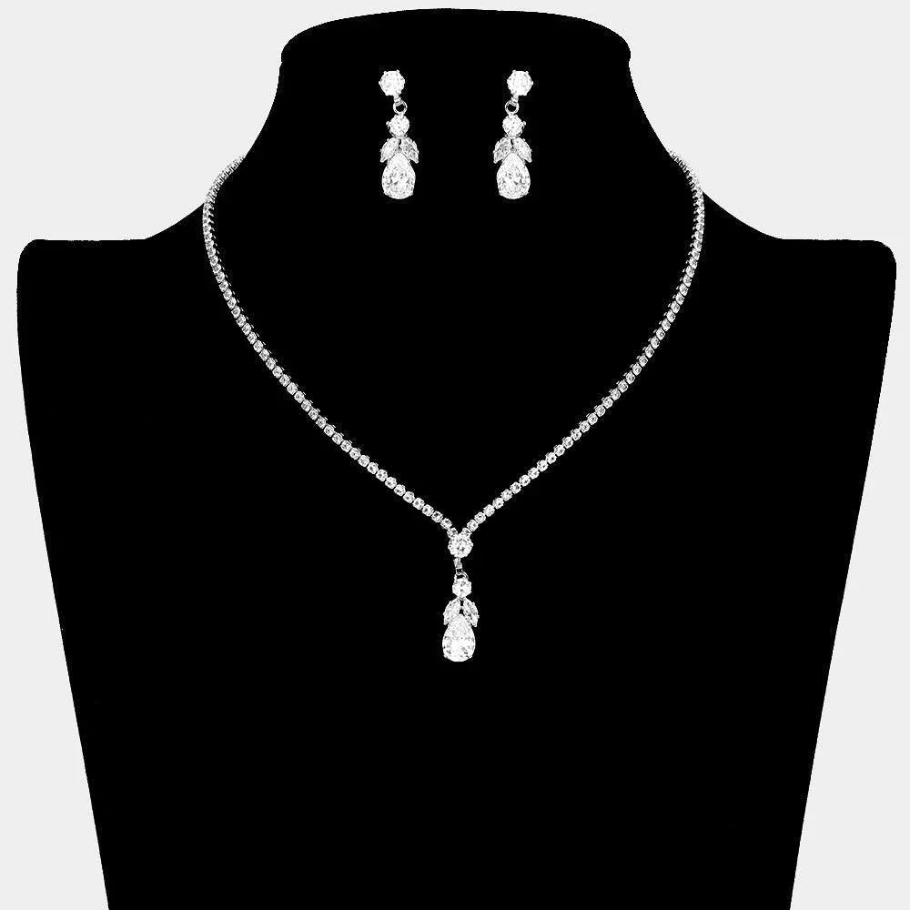 Silver CZ Teardrop Stone Pointed Pendant Necklace Rhinestone Paved