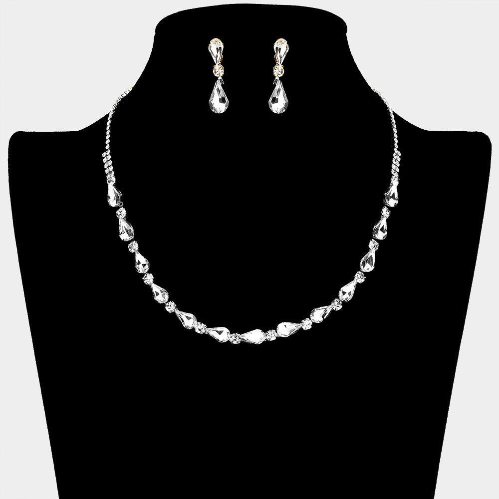 Silver Teardrop Stone Cluster Necklace Rhinestone Paved