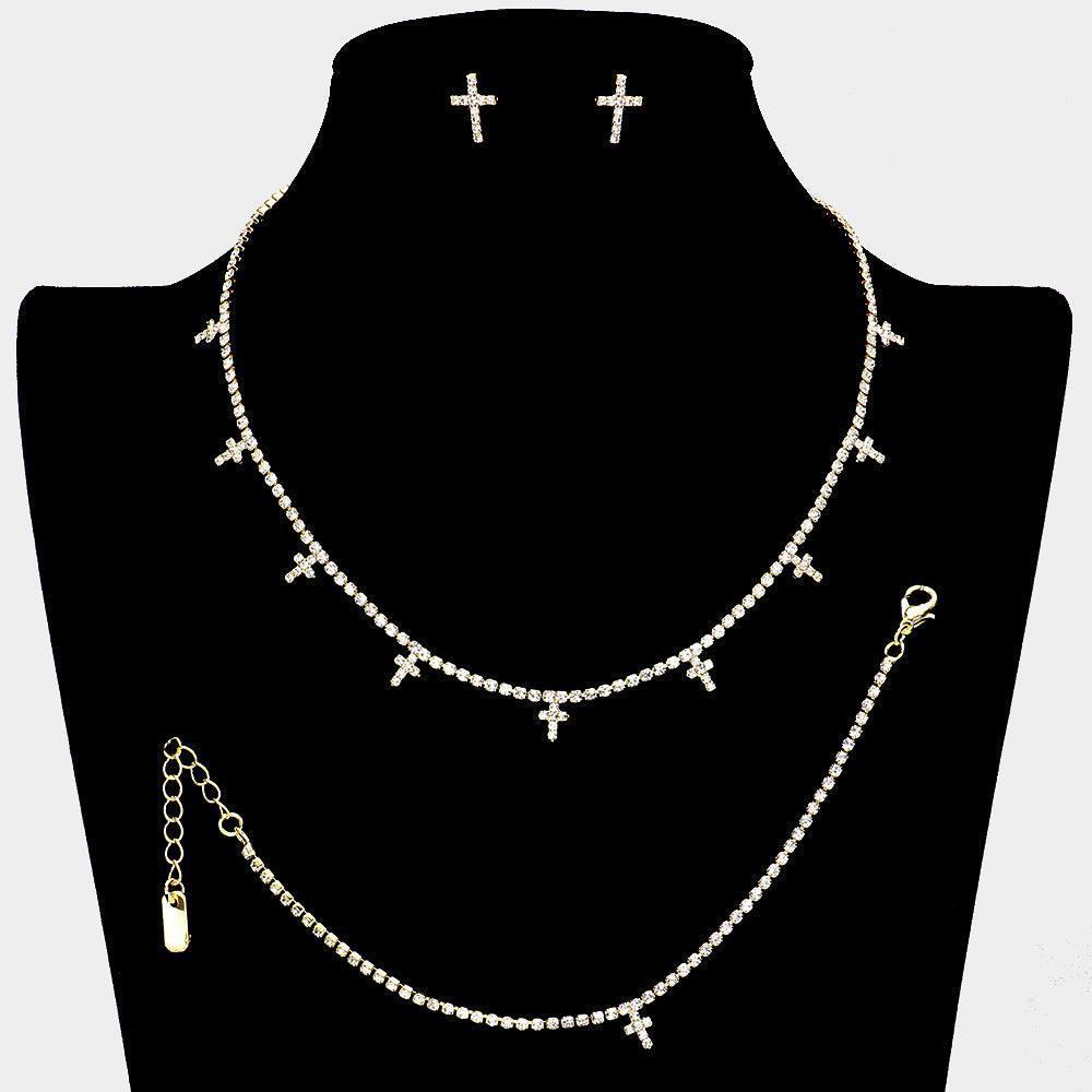Gold Cross CZ Stone Station Necklace Jewelry Set Rhinestone Paved - Jewelry Store by Erik Rayo