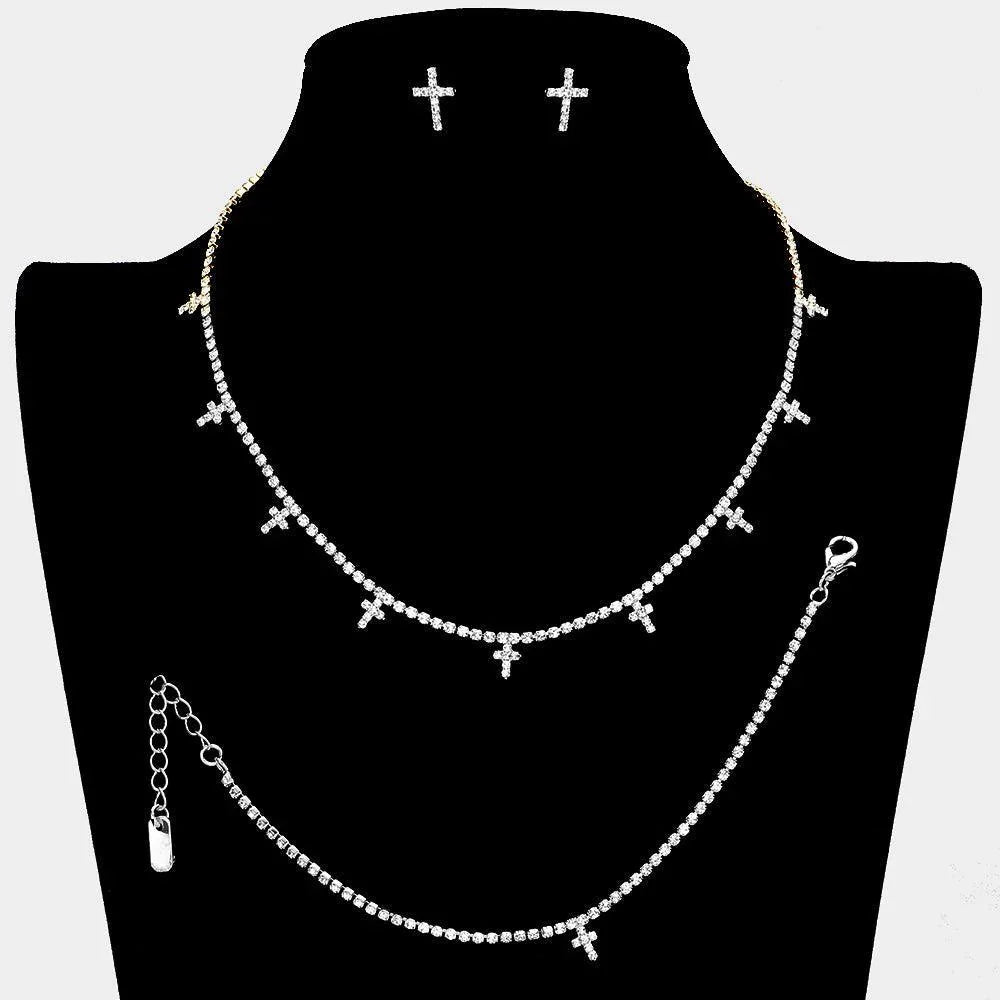 Silver Cross CZ Stone Station Necklace Jewelry Set Rhinestone Paved - Jewelry Store by Erik Rayo