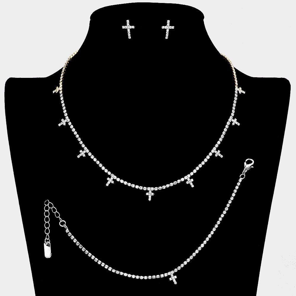 Silver Cross CZ Stone Station Necklace Jewelry Set Rhinestone Paved