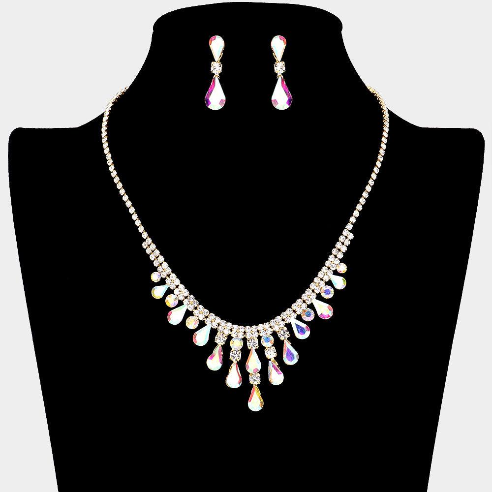 Gold Teardrop Stone Cluster Pointed Necklace Rhinestone Paved
