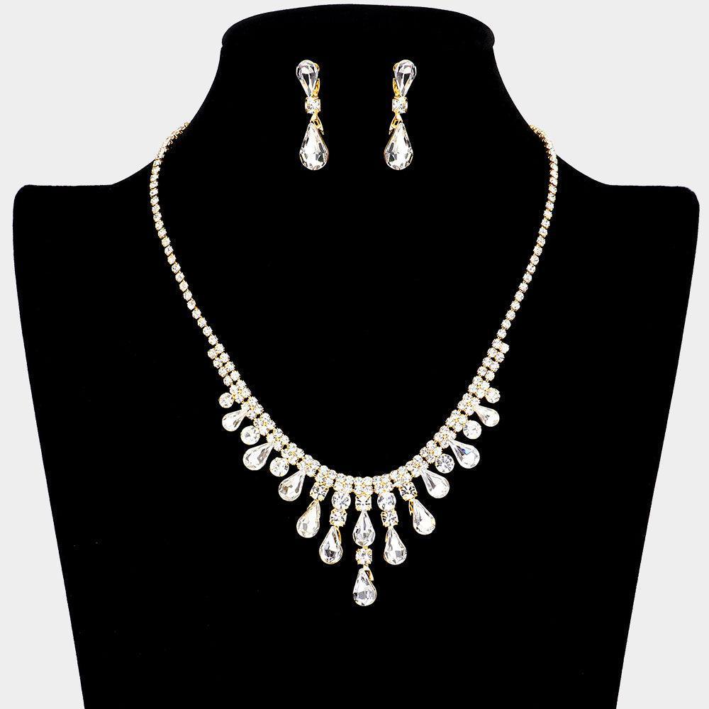Gold Teardrop Stone Cluster Pointed Necklace Rhinestone Paved - Jewelry Store by Erik Rayo