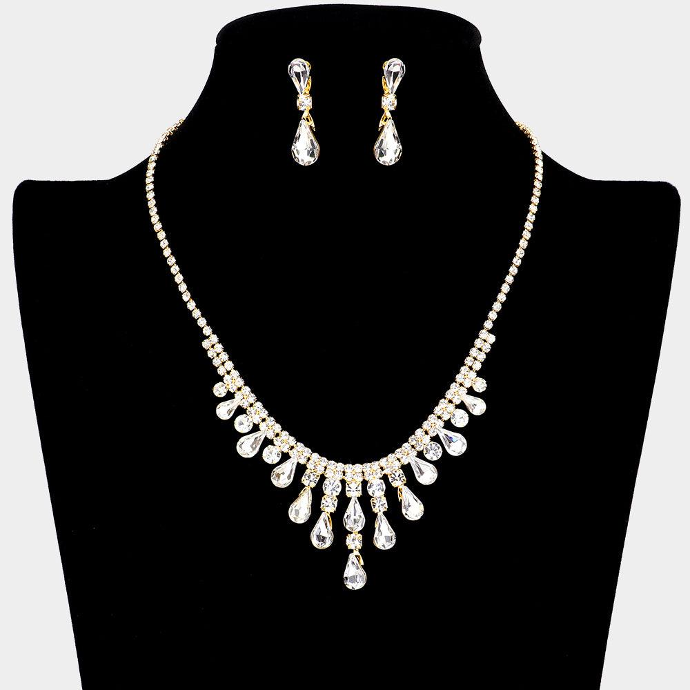 Gold Teardrop Stone Cluster Pointed Necklace Rhinestone Paved