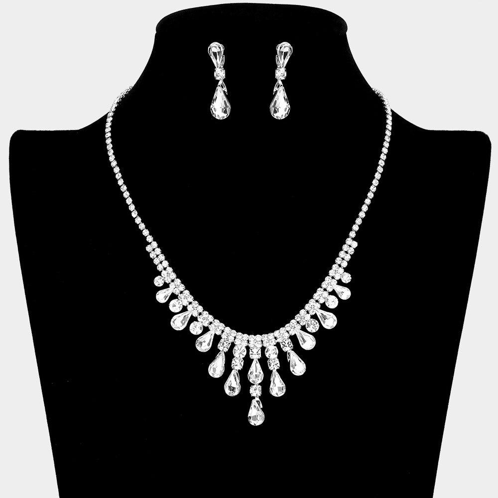 Silver Teardrop Stone Cluster Pointed Necklace Rhinestone Paved