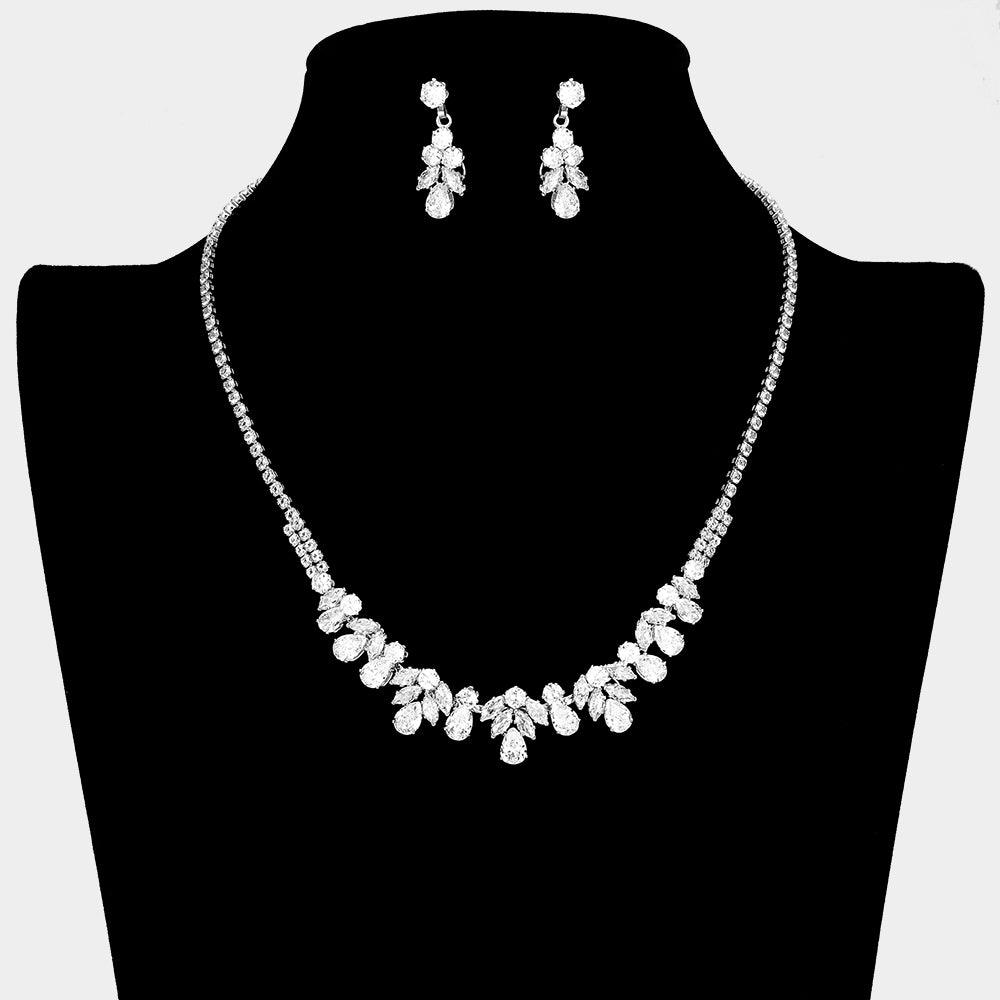 Silver CZ Teardrop Stone Cluster Necklace Rhinestone Paved