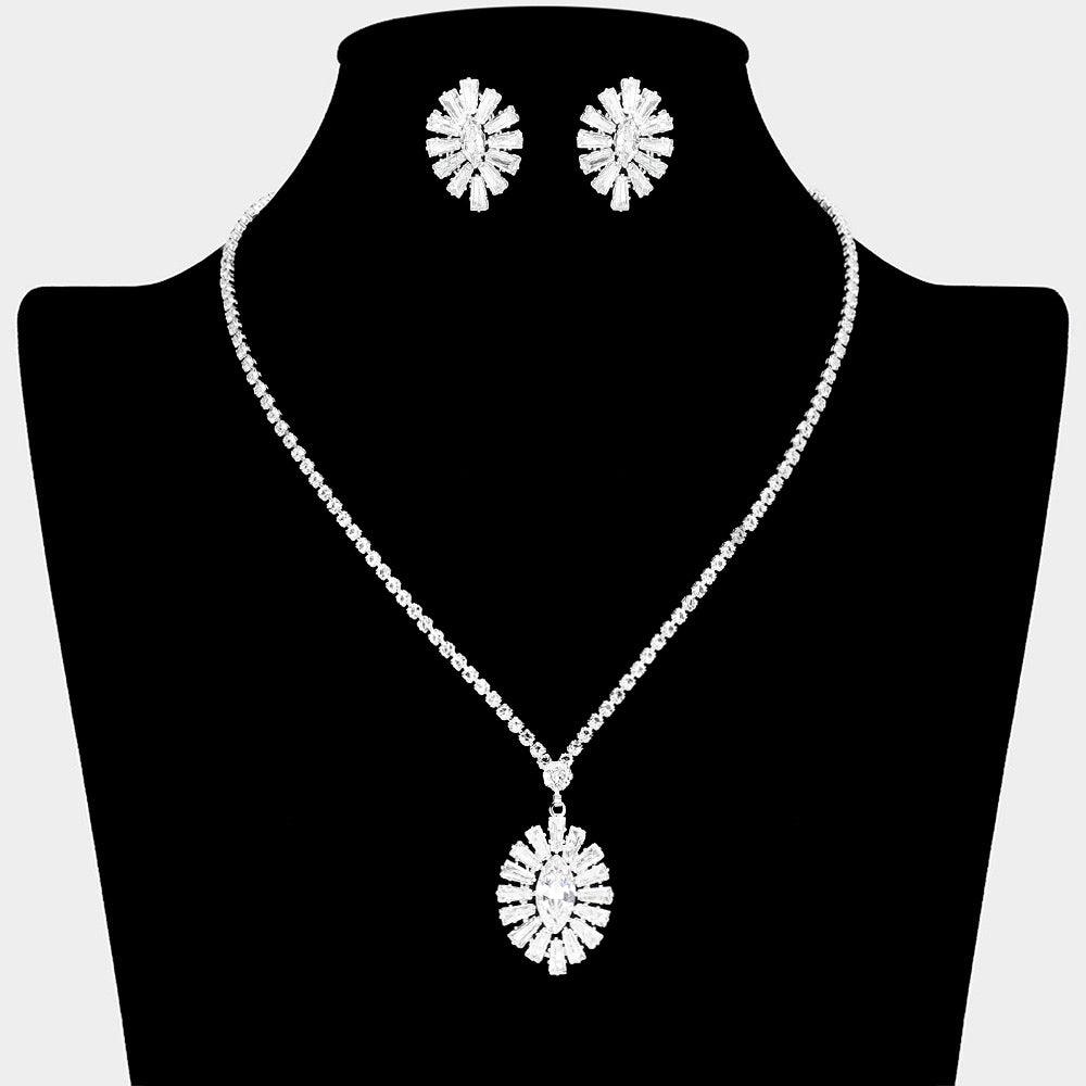 Silver CZ stone Embellished Sunburst Pendant Rhinestone Necklace