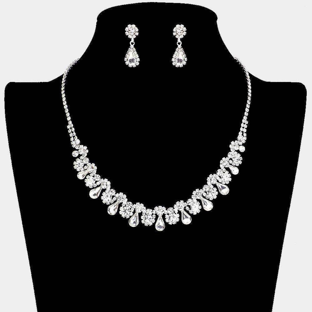 Silver Teardrop Cluster Pointed Flower Rhinestone Necklace - Jewelry Store by Erik Rayo