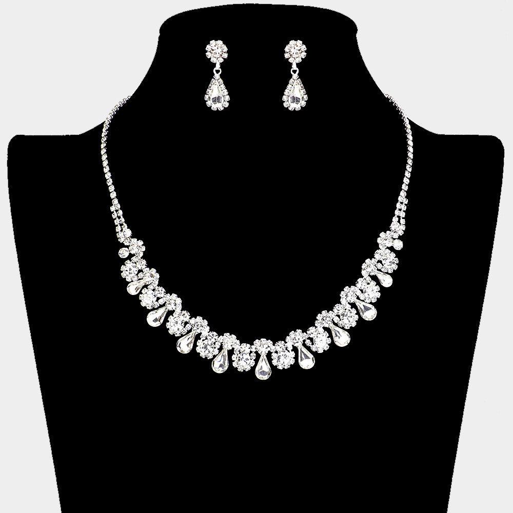 Silver Teardrop Cluster Pointed Flower Rhinestone Necklace