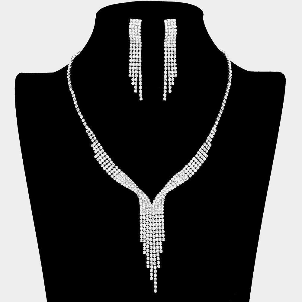 Silver Fringe Y Shaped Necklace Rhinestone Paved