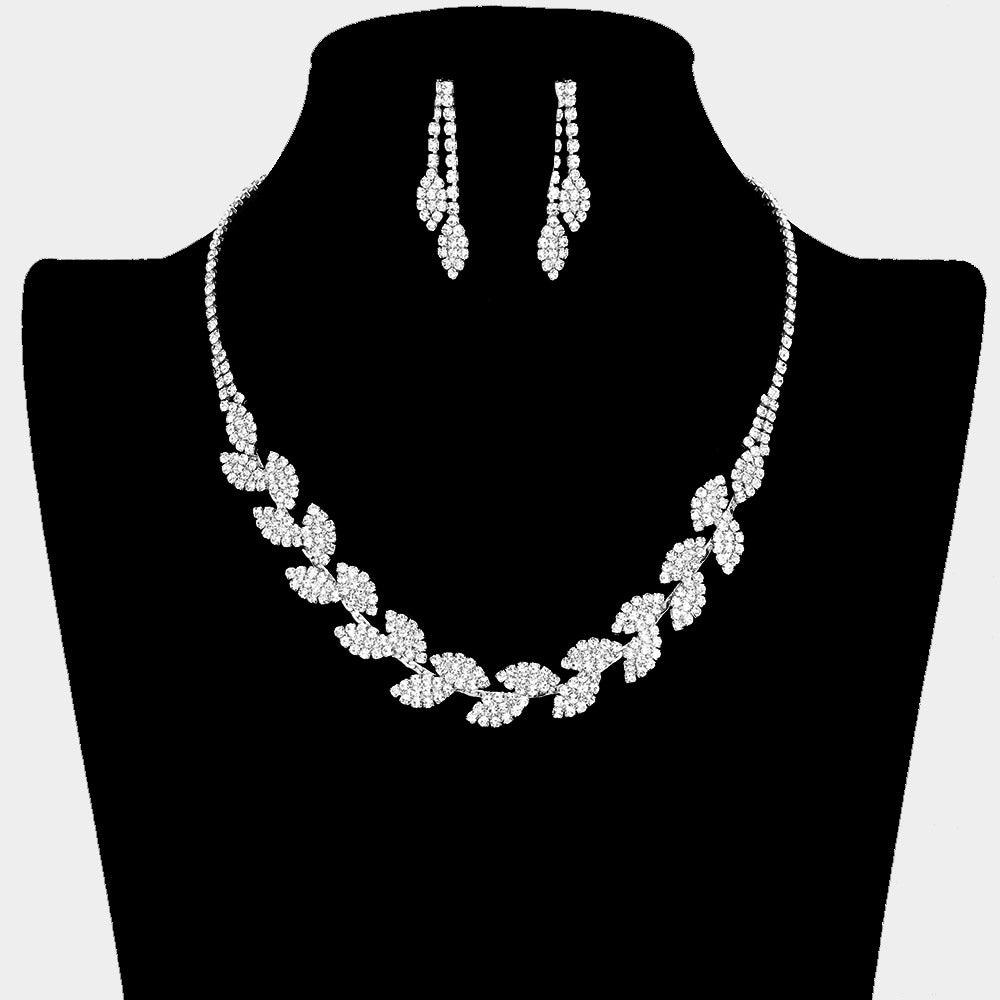 Silver Teardrop Cluster Pointed Flower Rhinestone Necklace