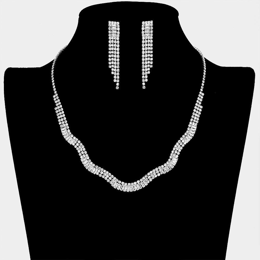 Silver CZ Wavy Necklace Rhinestone Paved