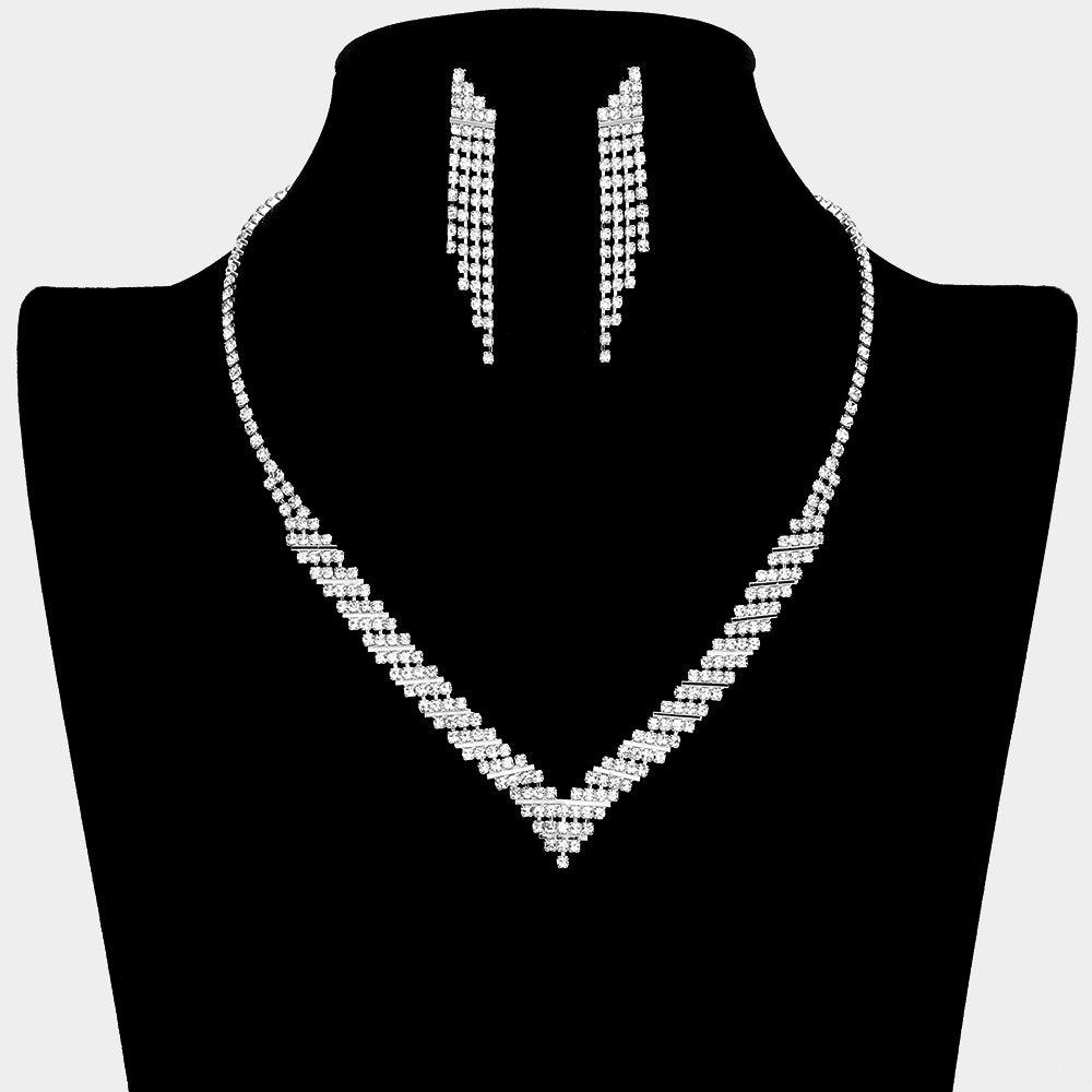 Silver V Shaped Necklace Rhinestone Paved