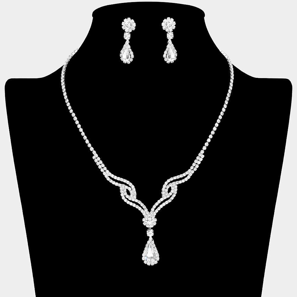 Silver CZ Teardrop Stone Pointed Necklace Rhinestone Paved