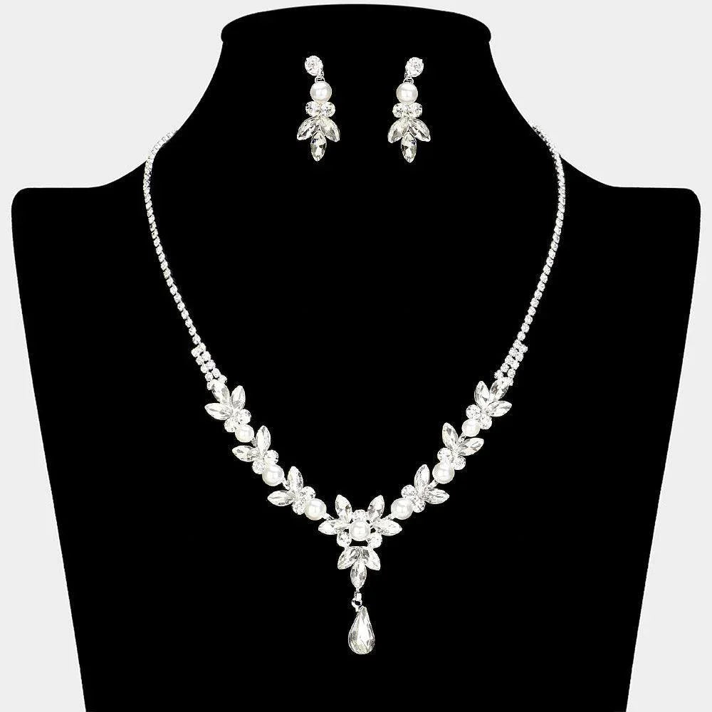 White Pearl Pointed Marquise Stone Embellished Rhinestone Paved Necklace - Jewelry Store by Erik Rayo