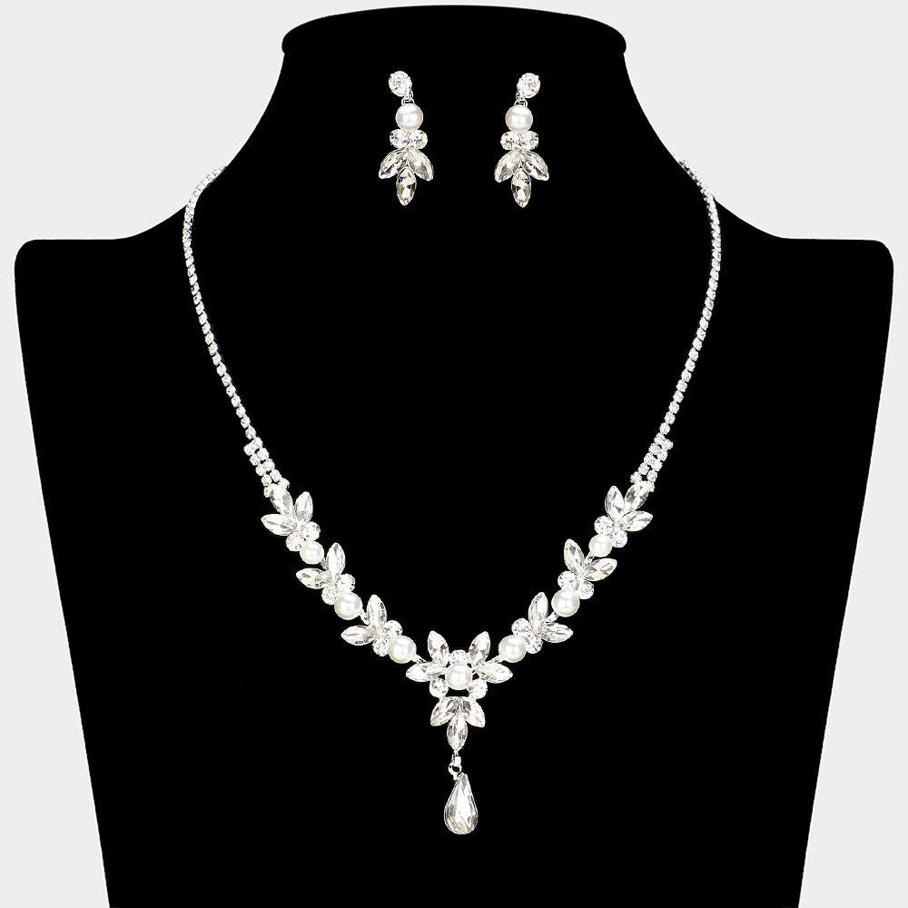 White Pearl Pointed Marquise Stone Embellished Rhinestone Paved Necklace