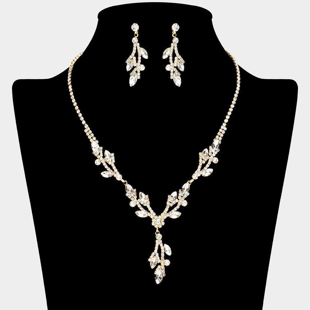 Gold Marquise Stone Accented Flower Leaf Necklace Rhinestone Paved - Jewelry Store by Erik Rayo