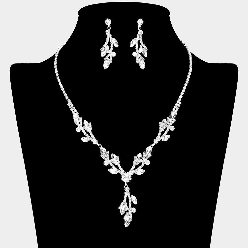 Silver Marquise Stone Accented Flower Leaf Necklace Rhinestone Paved